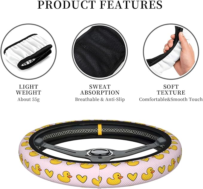 Cute Yellow Duck Steering Wheel Cover for Women Men Girls, Car Accessories Decor Thickened Anti-Slip Auto Steering Wheel Covers Protector Universal Fit 15 Inch for Cars, Truck, SUV