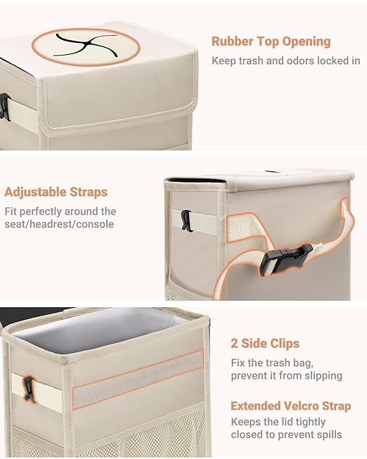 Capolo Car Trash Can with Lid, Leakproof Car Trash Bag Hanging Waterproof Automotive Garbage Can with Storage Pockets Mini Vehicle Trash Bin for Back/Front Seat(Beige,2.5 Gallon)