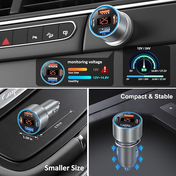 4-Port 65W Fast Car Charger USB C for iPhone 17/16/15/14 Pro Max, 2 Pack Dual 12V USB-A&C Car Charger with Voltage Meter Cigarette Lighter Adapter for Galaxy A17/A16/S25/S24+6FT Type-C Cable