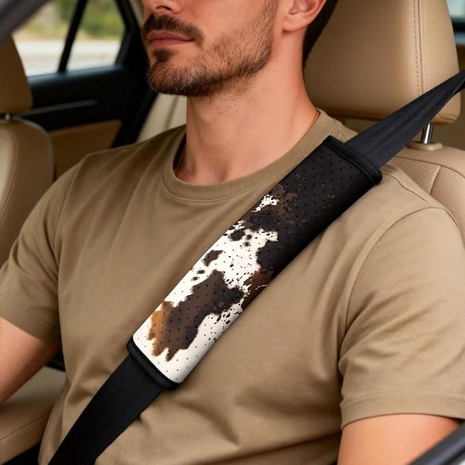 Qeluxign Cow Print 5 Piece Car Seat Covers Full Set, Front Seats Cover/Auto Seatbelt Shoulder Pads/Vehicle Center Console Armrest Cover, Universal Car Accessories Men Women Gifts
