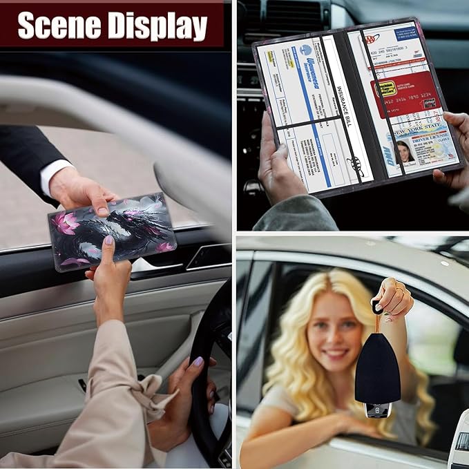 Car Document Holder with Magnetic Shut, Car Registration and Insurance Card Holder, Vehicle Glove Box Organizer Documents, Driver License, Auto Paperwork Organizer Wallet, Dragon In Lotus Pattern