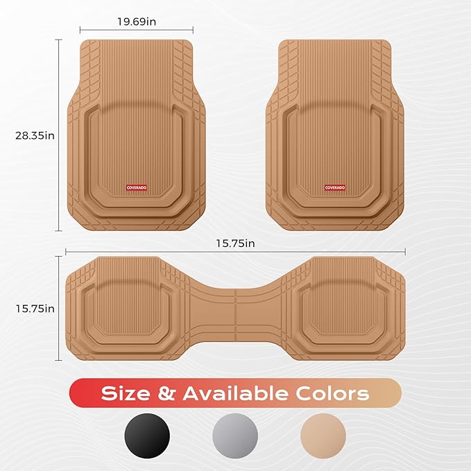 Coverado Car Floor Mats Heavy Duty, Deep Dish All-Weather Beige Mats, Universal Waterproof Trim to Fit Automotive Mats for Cars SUV Trucks, Durable Floor Liner Car Accessories, Full Sets, 3pcs