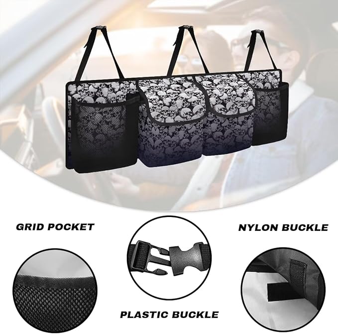 Skull Car Trunk Organizer Oxford Cloth, Machine Washable Car Storage Organizer (37.01"*11.8") Portable Car Storage Bag with 4 Pocekt, Hanging Car Organizer for SUV/MPV/Truck