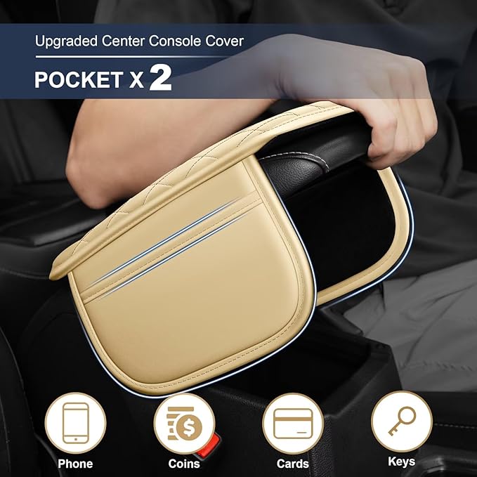 YORKNEIC Center Console Cover Fit for Ford Fusion: Middle Console Cover with 2 Storage Pocket,Faux Leather Waterproof Anti-Scratch Car Armrest Cover Protector(Beige)