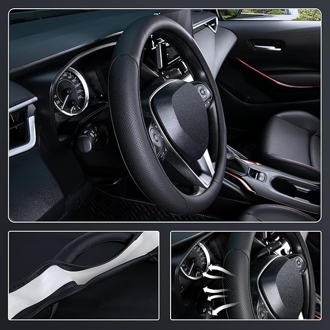 SEG Direct Steering Wheel Cover for 14.5-15 inch Wheels, Breathable PU Leather with Perforated Sides, Anti-Slip Grip, Universal Fit for Cars & SUVs, Black