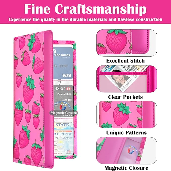 FinestHouse Car Registration and Insurance Holder with Magnetic Closure, Universal Document Organizer for License, Insurance Cards & Glove Box Storage (Strawberry-Hot Pink)
