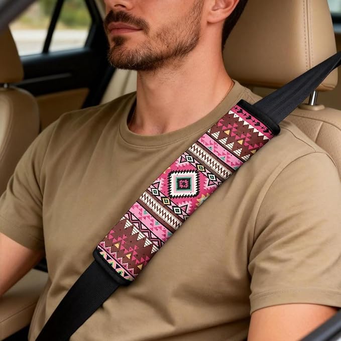 Qeluxign PU Leather Car Seat Covers Set - Pink Tribal Geometric-Includes 2 Seat Protectors, 2 Shoulder Pad Covers, 1 Armrest Cover for Car Decoration