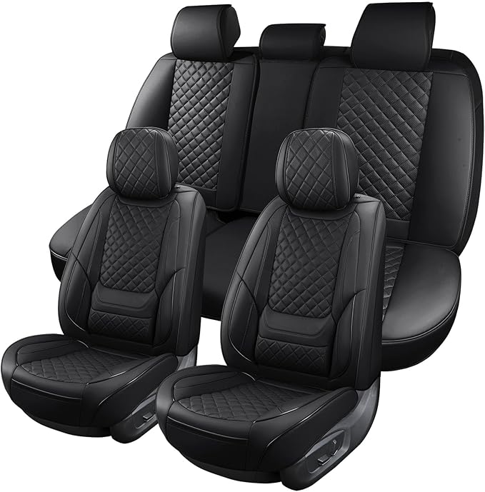 SCOMEE Black Leather Car Seat Covers Full Set Breathable Seat Protectors Waterproof Automotive Seat Covers Universal Fit for Most Cars SUVs Trucks Vehicles