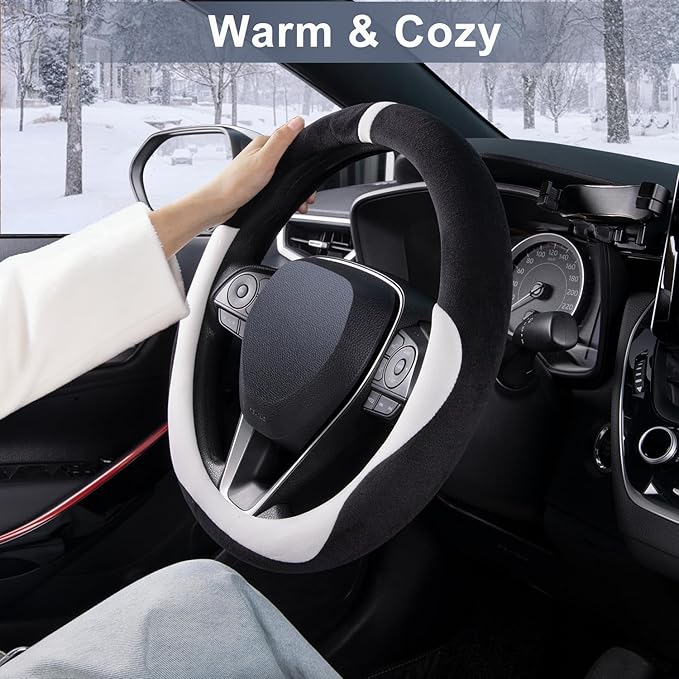 COFIT Plush Steering Wheel Cover Winter, Soft Warm Furry Grip Protector for Cars SUVs Trucks, Fits 14.5-15 Inch, Non-Slip Interior Accessory, White