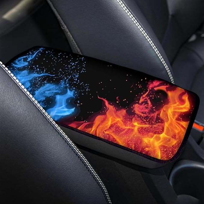 Mintutlipy Universal Car Center Console Cover Blue Red Flames Automotive Armrest Cushion Nonslip Arm Rest Cover for Car