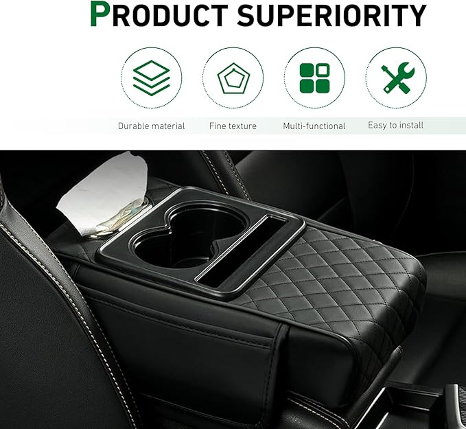 Car Armrest Cushion, 5-in-1 Center Console Cover Organizer, Multi-Functional Car Armrest Storage Box with 2 Cup Holder, Car Accessories Interior Organizers for Most Cars (Black)