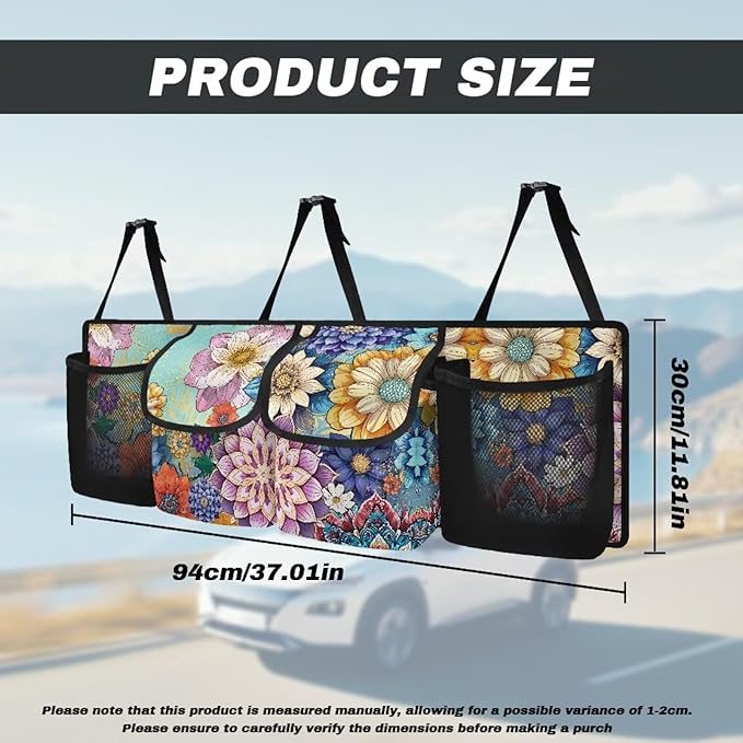 Dreaweet Boho Floral Print Car Trunk Organizer for Sedan Collapsible Hanging Car Storage Organizer Accessories Interior for Women Large Capacity 4 Pockets Car Organizer for SUV Trucks Minivan