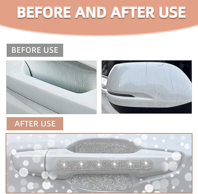 10 pcs Bling Diamond Car Door Handle Stickers, Bling Car Accessories for Women, Universal Rhinestone Crystal Glitter Door Handle Protector Stickers and Decals, Scratch Safety Reflective (Silver)