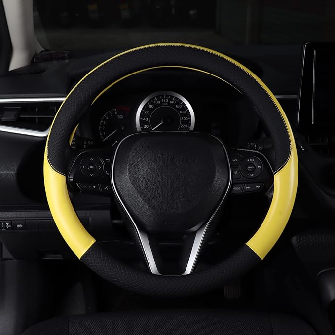 Auto Car Genuine Leather Steering Wheel Cover Anti Slip Wrap 15" (Yellow)