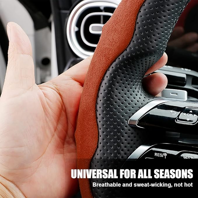 Car Steering Wheel Cover, Microfiber Suede Leather and Carbon Fiber Double Sided Design, Warm in Winter and Cool in Summer, Breathable Non Slip Segmented Protector for Most Cars (Turn Fur/Brown)