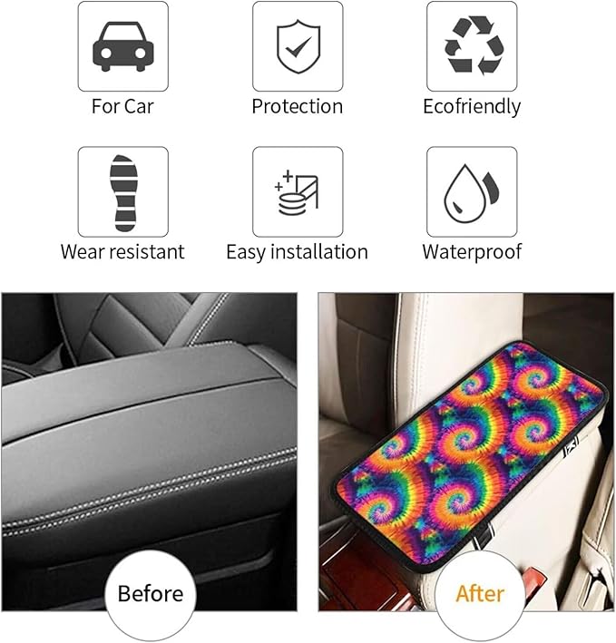 Car Center Console Cushion Pad Colorful Tie Dye Arm Rest Pads Universal Armrest Box Cover Protector Rainbow Comfortable Car Decor Accessories Auto Center Console Lid Covers