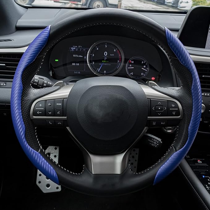 Amiss Car Carbon Fiber Anti-Skid Steering Wheel Cover, Segmented Protector, Butterfly Universal 99% Cover Interior Accessories (Blue)