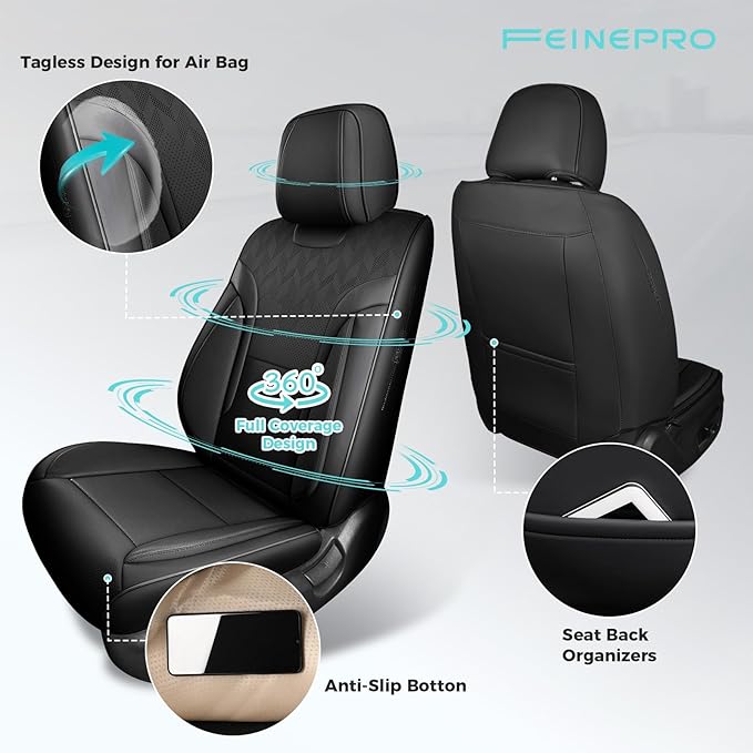FEINEPRO Black Car Seat Covers Only Front 2pc - Breathable Faux Leather Universal Seat Covers for Cars, Automotive Protector Fit for Most Sedan SUV Pick-up Truck