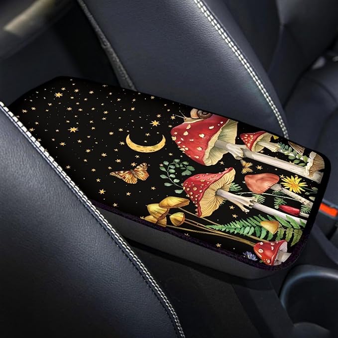 Suobstales Mushroom Snail Butterfly Moon Star Print Car Armrest Pad Soft Center Console Arm Rest Protector Cover Universal Car Interior Accessories Decoration