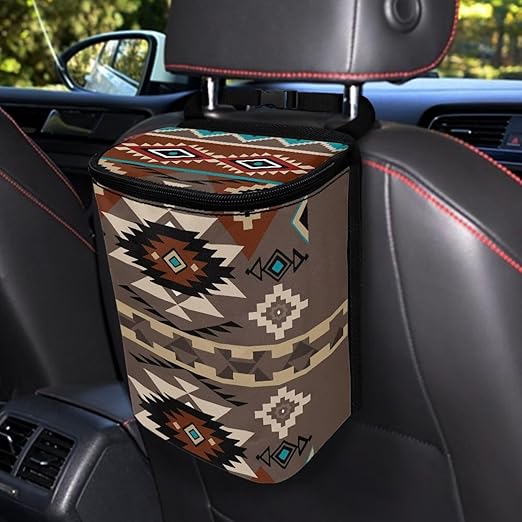 Car Trash Bags for Back Seat Car Garbage Bin with Lid Foldable Auto Interior Storage Bags Hanging Accessories, Southwestern Geometric Aztec Tribal Print