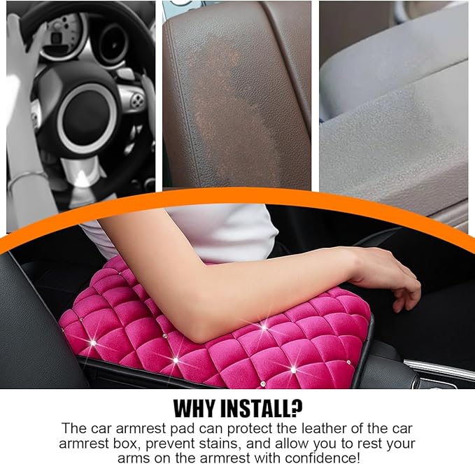 Car Center Console Cover, Crystal Rhinestone Fluffy Soft Vehicle Armrest Seat Box Cushion Pad, Automotive Interior Middle Console Protector, Universal for Automobile RV Truck (Rose Red)