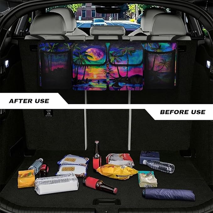 Car Trunk Organizer Tropical Beach Galaxy Backseat Hanging Organizer with Pockets, Super Capacity Storage Solution Decoration for SUVs, Trucks, Vans, and Cars