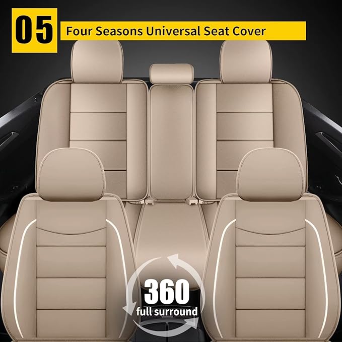 YORKNEIC Full Set Seat Covers Fit for VW Volkswagen Tiguan 2009-2025: Faux Leather Car Seat Cover Protector Cushion (5-Seat Full Set, Beige)