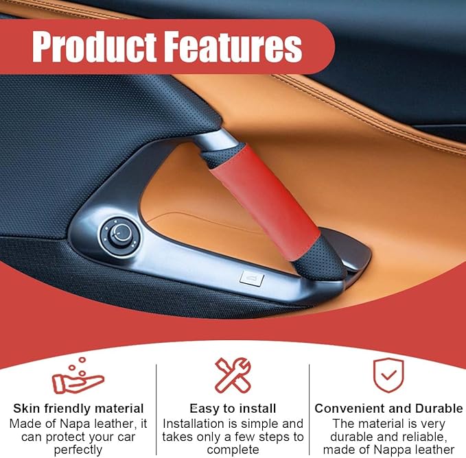 2PCS Car Grab Handle Cover, Anti-Scratch Auto Inner Front Rear Door Pull Handle Cover, PU Leather Door Grip Gloves Protector Auto Interior Decoration Accessories for Car, Truck, SUV (Red)
