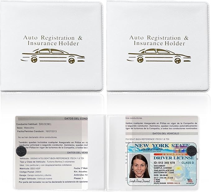 Ziciner Car Registration Insurance Holder, 2Pack Essential Auto Card Document Glove Box Organizer with Touch Fastener, Vehicle Interior Accessories Perfect for Most Car, Truck, SUV (White/Gold Words)