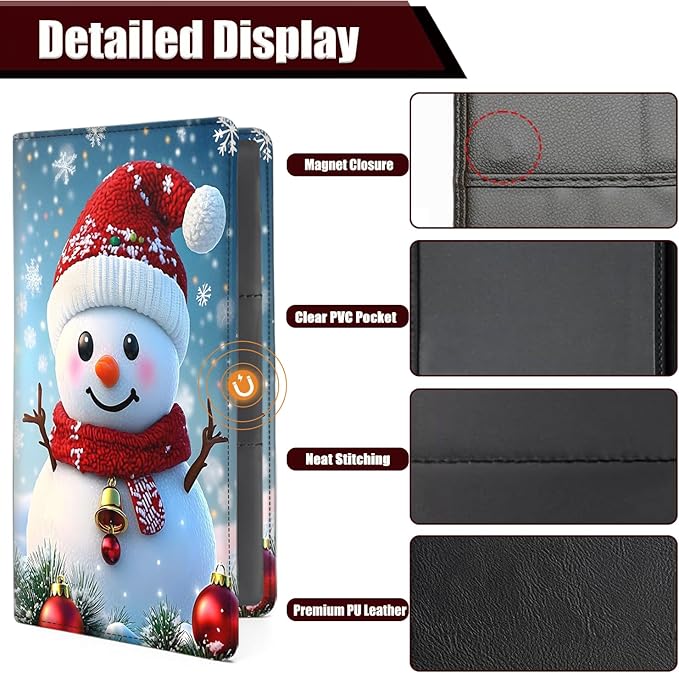 Car Registration Holder, PU Leather Vehicle Glove Box Organizer for Driver License, Document, Car Insurance Holder with Magnetic Shut, Auto Paperwork Wallet Accessories, Cute Christmas Snowman
