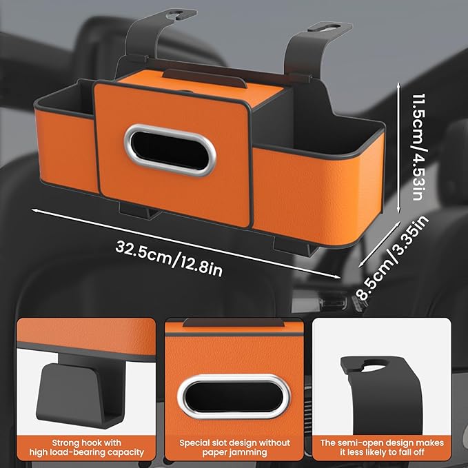 ROVIA Multifunctional 3‑in‑1 Car Seat Back Storage Box Organizer with Cup Holders, Tissue Box Slot & Headrest Hooks – Backseat Car Organizer for Phones, Snacks, Drinks, Bags, Travel Storage (Brown)