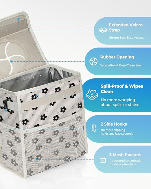 HORJONES Corduroy Car Trash Can with Lid and Mesh Pockets - Leakproof Organizer,Multipurpose Waterproof Garbage Can/Trash Bin for Car(Off-White Base with Black Floral Print-2 Gallons)
