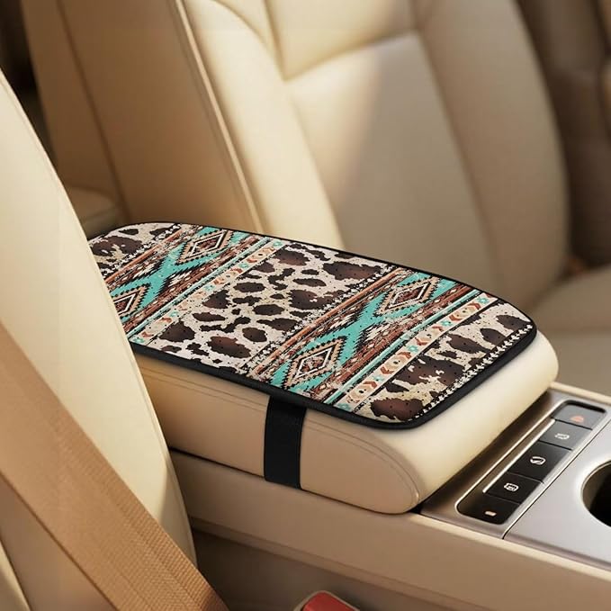 Psesaysky Brown Cow Aztec 5 Piece Car Accessories Set with 2 Seat Protectors 2 Seatbelt Pads and 1 Console Pad Water Resistant Universal Fit Truck SUV Protect Your Car Interior