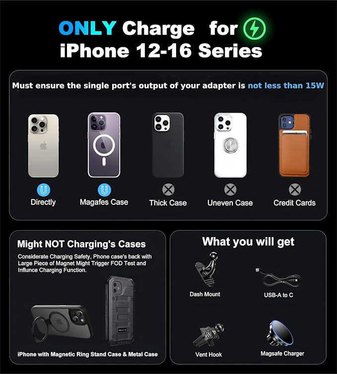 for iPhone 17 Magsafe Car Mount Charger, [2026 New] 15W 2in1 Magnetic Wireless Car Charger, fits for Magsafe Car Charger, Vent/Dashboard Phone Holder Mount for iPhone 17 16 15 14 13 12 Series