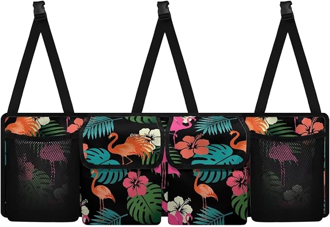 Car Trunk Organizer, Flamingo Tropical Floral Backseat Hanging Organizer with Pockets, Super Capacity -Trunk Storage Bag Decoration for SUV,Truck,Van