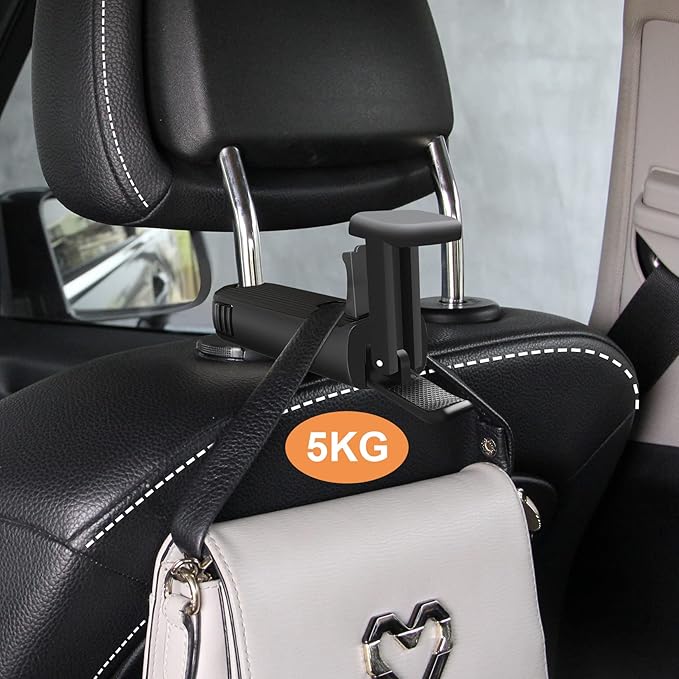 Car Headrest Hidden Hook, New Upgraded 2 in 1 Car Seat Hook with Phone Holder, 360° Rotation Car Hooks for Purses and Bags, Grocery Bag & Handbag (Black - 2PCS)