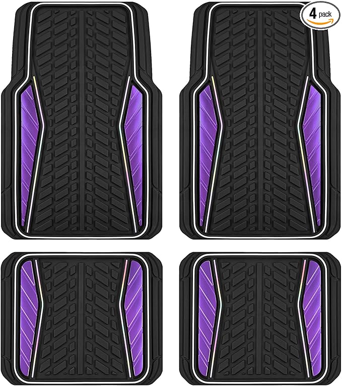 PIC AUTO Car Floor Mats, Purple Aluminum-Molded with Full-Circle Iridescent Inlay Strip Car Mats, Universal-Fit Rubber Mats for Cars, Trucks & SUVs, All-Weather, Non-Slip, Easy-to-Clean Interior Mats