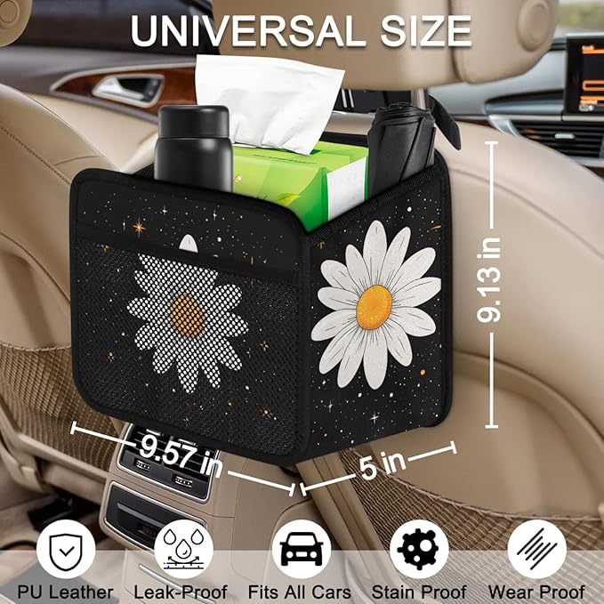 Vintage White Daisy Car Backseat Organizer PU Leather Black Truck Back Seat Trash Bag Universal Hanging Storage Box Travel Accessories Foldable