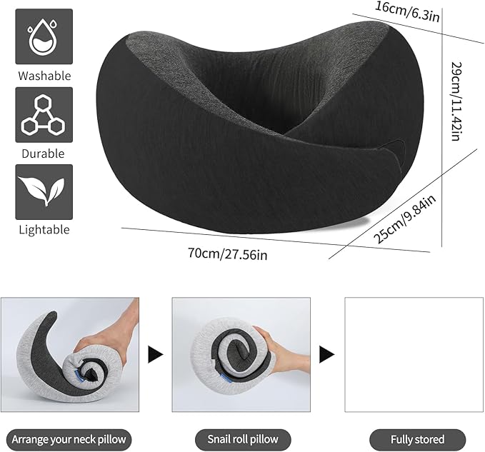 Ziixmile Travel Neck Pillow for Airplane – Memory Foam 360° Support Compact Design Ergonomic Flight Pillow for Sleeping & Neck Support Portable Travel Pillows for Adults, Car, Office Home (Black)