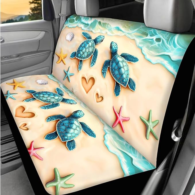 Dngkaoje Beach Sea Turtle Car Seat Covers Front Rear Full Set Steering Wheel Cover Seat Belt Pads Waste Bin Armrest Pad Cup Holders Handbrake Cover Full Set 13 Pcs Car Accessories Seat Protector