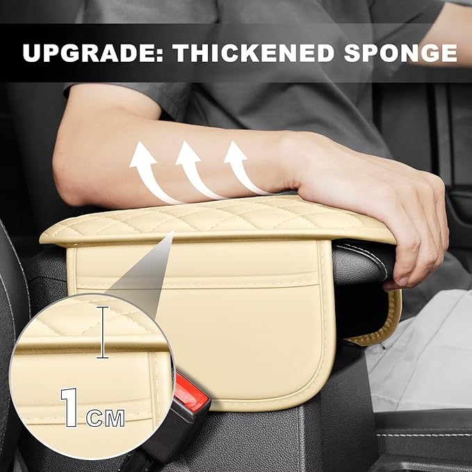 Upgraded Car Center Console Cover Fit for Corolla Cross Faux Leather Car Armrest Cover Cushion with 2 Storage Bags,Car Armrest Storage Box Interior Accessories(Beige&Whiteline)