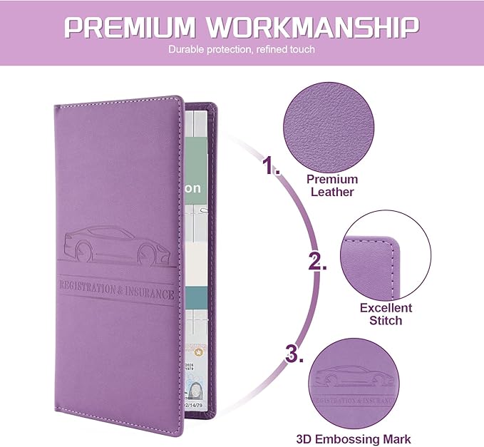 JUSTTOP 1Pack Car Registration and Insurance Holder,Car Document Holder for Cards License with Magnetic Shut,Vehicle Glove Box Car Organizer for Documents, Cards, License(Purple)