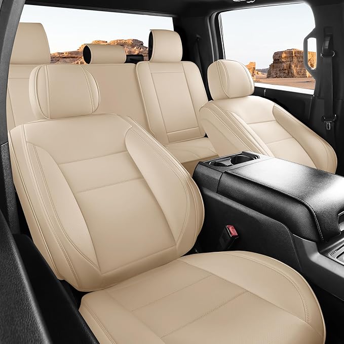 EQUIDEVDY Seat Covers for Chevy Silverado GMC Sierra,2007-2025 1500/2500/3500HD Crew,Double,Extended Cab Truck Breathable & Waterproof Faux Leather Seat Covers(Beige Full Set)