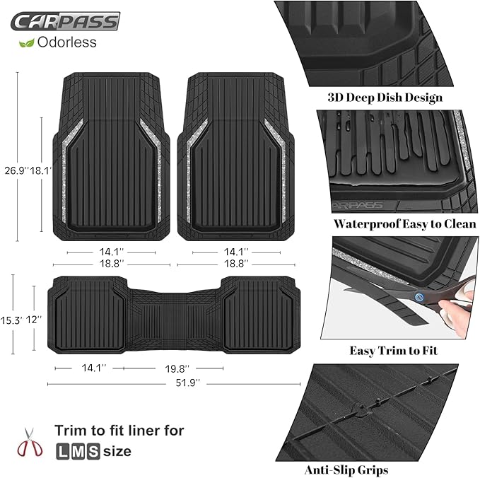 CAR PASS Glitter Heavy Duty Rubber Floor Mats for Car, Waterproof Liner Deep Dish Bling Car Mats Full Sets, Universal Trim to Fit for SUV Truck Sedans Vans, All Weather Floor Mats, Silver Sparkly