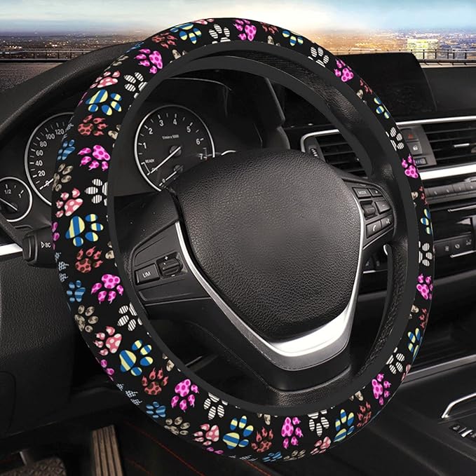 Dog Paw Print Steering Wheel Cover Anti-Slip,Sweat Absorption Universal 15 inch Steering Wheel Covers Cute car Accessories for Men Women