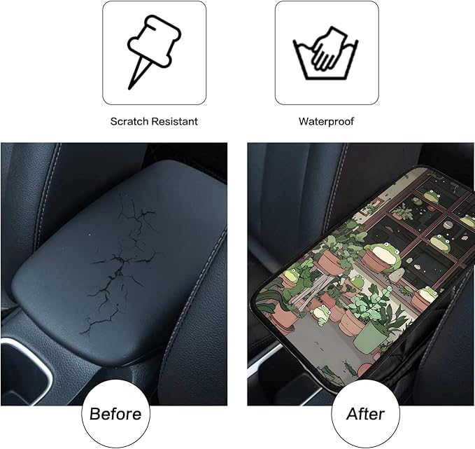 JANENFNA Car Armrest Cover Pads Universal Fashion Cute Auto Center Console Armrest Cover Pad with 2PCS Car Coasters Soft Waterproof Car Armrest Seat Protector for Women,Cute Green Frog