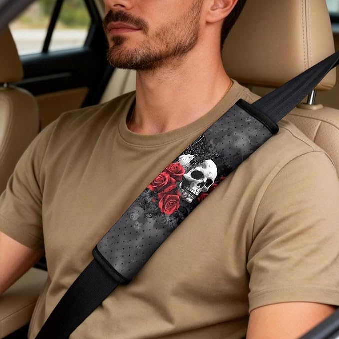 Oramclsy Skull PU Breathable Car Seat Accessories Set Rose Pattern Universal Set and Armrest Pad and Seat Belt Pads Full Set of 5 Pack