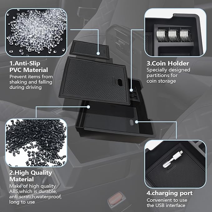 Center Console Organizer Tray fits 2024-2026 Toyota Tacoma Accessories, ABS Plastic & Anti-Slip Rubber Storage Box with Charging Hole for Tacoma Interior Accessories