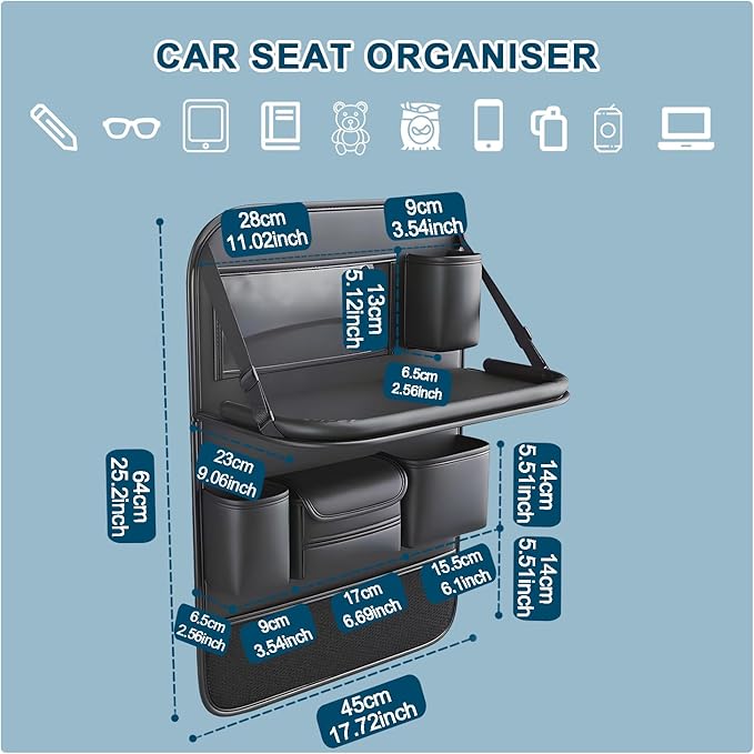 VEHIRIE Car Backseat Organizer with Foldable Table Tray, Premium Leather Car Seat Back Protectors Kick Mats for Kids, Toy Storage Box with 10 Inch Touch Screen, Tablet Holder