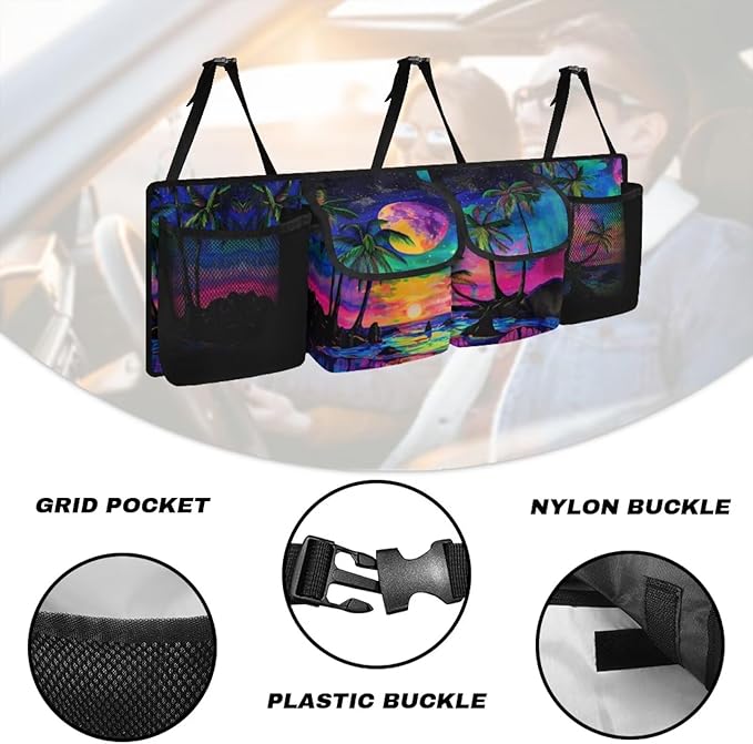 Car Trunk Organizer Tropical Beach Galaxy Backseat Hanging Organizer with Pockets, Super Capacity Storage Solution Decoration for SUVs, Trucks, Vans, and Cars